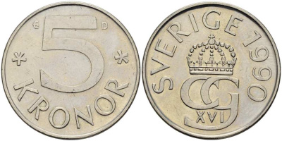 Швеция 5 крон 1990 D, Карл XVI Густав (1973- ) KM 853 медно-никель 4517-526