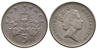 Великобритания 5 пенсов 1990 Елизавета II (1952-2022) KM 937b, Spink 4372 (D4) медно-никель 4383-151