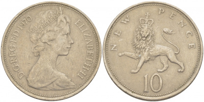 Великобритания 10 пенсов 1970 Елизавета II (1952-2022) KM 912, Spink 4231 (F1) медно-никель 4403-722