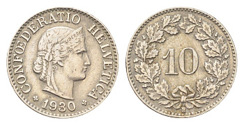 Швейцария 10 раппенов 1930 B KM 27 медно-никель 4708-145
