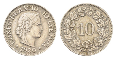 Швейцария 10 раппенов 1930 B KM 27 медно-никель 4708-145