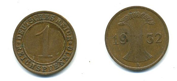 ГЕРМАНИЯ 1 РЕЙХСПФЕННИГ 1932 A KM 37, J. 313 бронза 46-1023