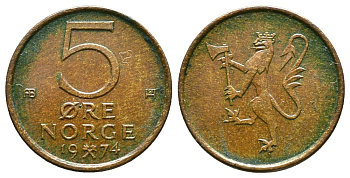 НОРВЕГИЯ 5 ЭРЕ 1974 KM 415 бронза 89-1454