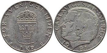 Швеция 1 крона 1981 Карл XVI Густав (1973- ) KM 852 медь плакированная медно-никелем 4397-1021