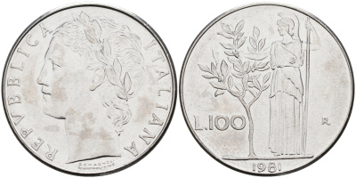 Италия 100 лир 1981 R, Афина KM 96.1 нержавеющая сталь 4117-343