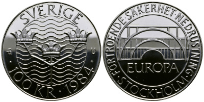 Швеция 100 крон 1984 Карл XVI Густав (1973- ), Стокгольмская конференция KM 863 серебро UNC 1527-511