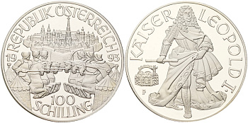 Австрия 100 шиллингов 1993 Леопольд I, в коробке, с сертификатом подлинности KM 3009 серебро PROOF 00-00