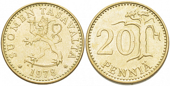 ФИНЛЯНДИЯ 20 ПЕННИ 1978 K KM 47 алюминиевая бронза UNC 3718-641