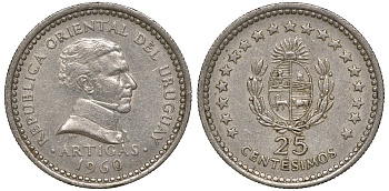 Уругвай 25 сентесимо 1960 KM 40 медно-никель 4169-862
