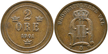 Швеция 2 эре 1901 Оскар II (1872-1907) король Швеции и Норвегии KM 746 бронза 56-657