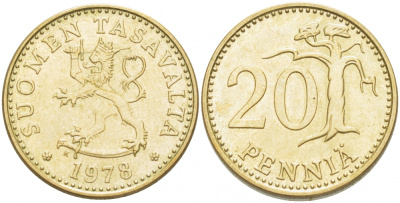 ФИНЛЯНДИЯ 20 ПЕННИ 1978 K KM 47 алюминиевая бронза UNC 3718-641