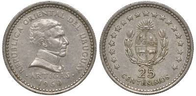 Уругвай 25 сентесимо 1960 KM 40 медно-никель 4169-862