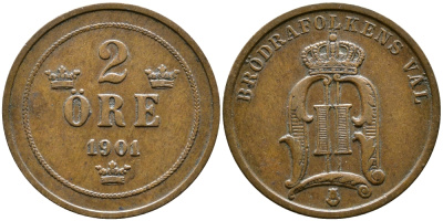 Швеция 2 эре 1901 Оскар II (1872-1907) король Швеции и Норвегии KM 746 бронза 56-657