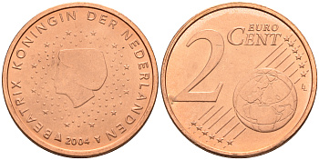 Нидерланды 2 евроцента 2004  КМ 235 сталь плакированная медью UNC   4160-1148