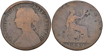 Великобритания 1/2 пенни 1860 Виктория (1837-1901), бисерная кайма KM 748.1, Spink 3956 бронза 4126-727