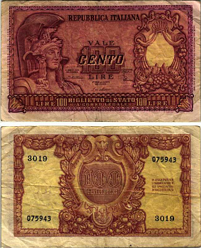 Италия 100 лир 1951 Афина в шлеме, Di Cristina, Cavallaro Pick 92 b бумага 6352-45-2-2