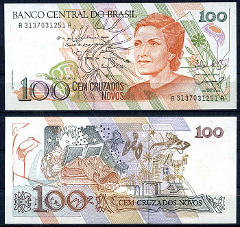 Бразилия 100 новых крузадо 1990 подпись 26, серия А 3137 Pick 220 a бумага UNC (пресс)   447-18-2