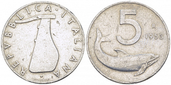 Италия 5 лир 1953 R, дельфин, плуг KM 92 алюминий 3718-252