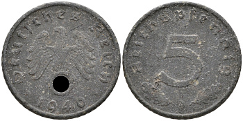 ГЕРМАНИЯ 5 РЕЙХСПФЕННИГОВ 1940 A, KM 100, J. 370 цинк 75-159