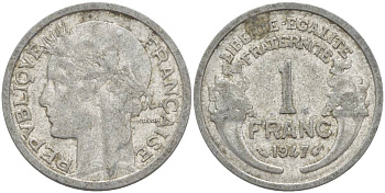ФРАНЦИЯ 1 ФРАНК 1947 ТИП MORLON KM 885а.1, LE FRANC 221.11 алюминий 4544-416