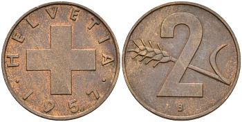Швейцария 2 раппена 1957 В KM 47 бронза 4591-1145