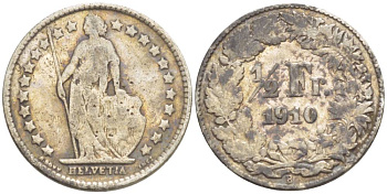 ШВЕЙЦАРИЯ 1/2 ФРАНКА 1910 В KM 23 серебро 4532-1012