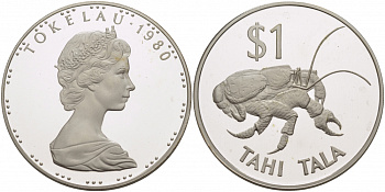 Токелау 1 тала 1980 кокосовый краб (пальмовый вор) KM 3 a серебро PROOF 02-112-42