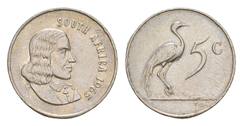 ЮАР 5 центов 1965 Ян ван Рибек (1619-1677), South Africa, легенда на англинском, райский журавль KM 67.1 медно-никель 4651-815