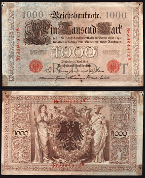Германия 1000 марок 1910 Берлин, A; аллегорические фигуры («Мореплавание» и «Земледелие»), герб Pick 44 b бумага 7547-83-2-2