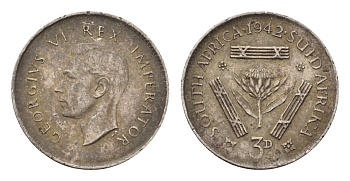 ЮАР 3 пенса 1942 Георг VI (1936-1952) KM 26 серебро 4549-138
