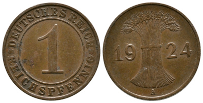 ГЕРМАНИЯ 1 РЕЙХСПФЕННИГ 1924 А KM 37, J.313 бронза 4380-1054