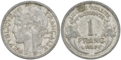 ФРАНЦИЯ 1 ФРАНК 1947 ТИП MORLON KM 885а.1, LE FRANC 221.11 алюминий 4544-416