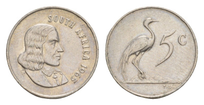 ЮАР 5 центов 1965 Ян ван Рибек (1619-1677), South Africa, легенда на англинском, райский журавль KM 67.1 медно-никель 4651-815