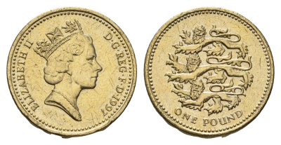Великобритания 1 фунт 1997 Елизавета II (1952-2022), год-тип KM 975 никель латунь UNC 4675-725