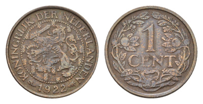 Нидерланды 1 цент 1922 Вильгельмина (1890-1948) KM 152 бронза 4674-1124