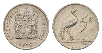 ЮАР 5 центов 1978 герб, райский журавль KM 84 никель 4694-447