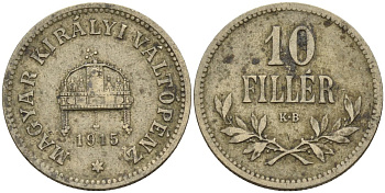 Венгрия 10 филлеров 1915 KB, Франц Иосиф I (1848-1916) KM 494 медь никель цинк 4151-1127