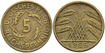 Германия 5 рейхспфеннигов 1925 E KM 39, J. 316 алюминиевая бронза 4151-722