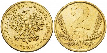 Польша 2 злотых 1980 MW KM 80.1, Parchimowicz 217g латунь UNC 4532-117