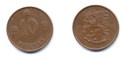 Финляндия 10 пенни 1934 республика (1918-1962) KM 24 медь 51-5414