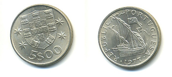 ПОРТУГАЛИЯ 5 ЭСКУДО 1977 ПАРУСНИК KM 591 медно-никель 176-251