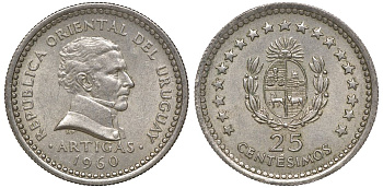 Уругвай 25 сентесимо 1960 KM 40 медно-никель 4169-814