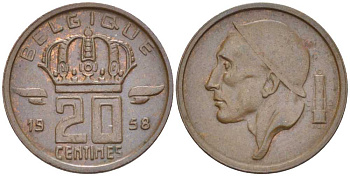 БЕЛЬГИЯ 20 САНТИМОВ 1958 BELGIQUE KM 146 бронза 66-938