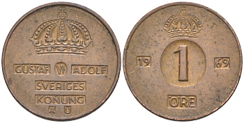 Швеция 1 эре 1969 U, Густав VI Адольф (1950-1973) KM 820 бронза 112-342