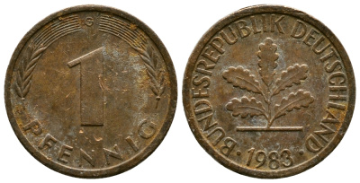 ФРГ 1 ПФЕННИГ 1983 G KM 105, J.380 сталь плакированная медью 179-1017
