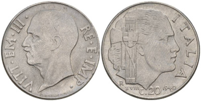ИТАЛИЯ 20 ЧЕНТЕЗИМО 1940 R, ГОД XVIII, ВИКТОР ЭММАНУИЛ III (1900-1946), МАГНИТНАЯ, ГУРТ РИФЛЁНЫЙ KM 75b, VEM3. 1025 нержавеющая сталь 3853-451