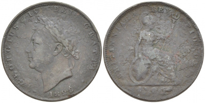 Великобритания 1 фартинг 1829 Георг IV (1820-1830) KM 697, Spink 3825 медь 1515-2143