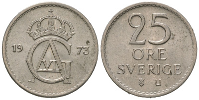 Швеция 25 эре 1973 U, Густав VI Адольф (1950-1973) KM 836 медно-никель UNC 4621-332