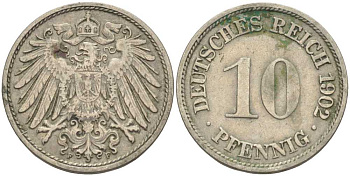 ГЕРМАНИЯ 10 ПФЕННИГОВ 1902 F KM 12, J. 13 медно-никель 4401-1235
