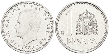 ИСПАНИЯ 1 ПЕСЕТА 1987 ХУАН КАРЛОС I (1975-) KM 821 алюминий 192-831